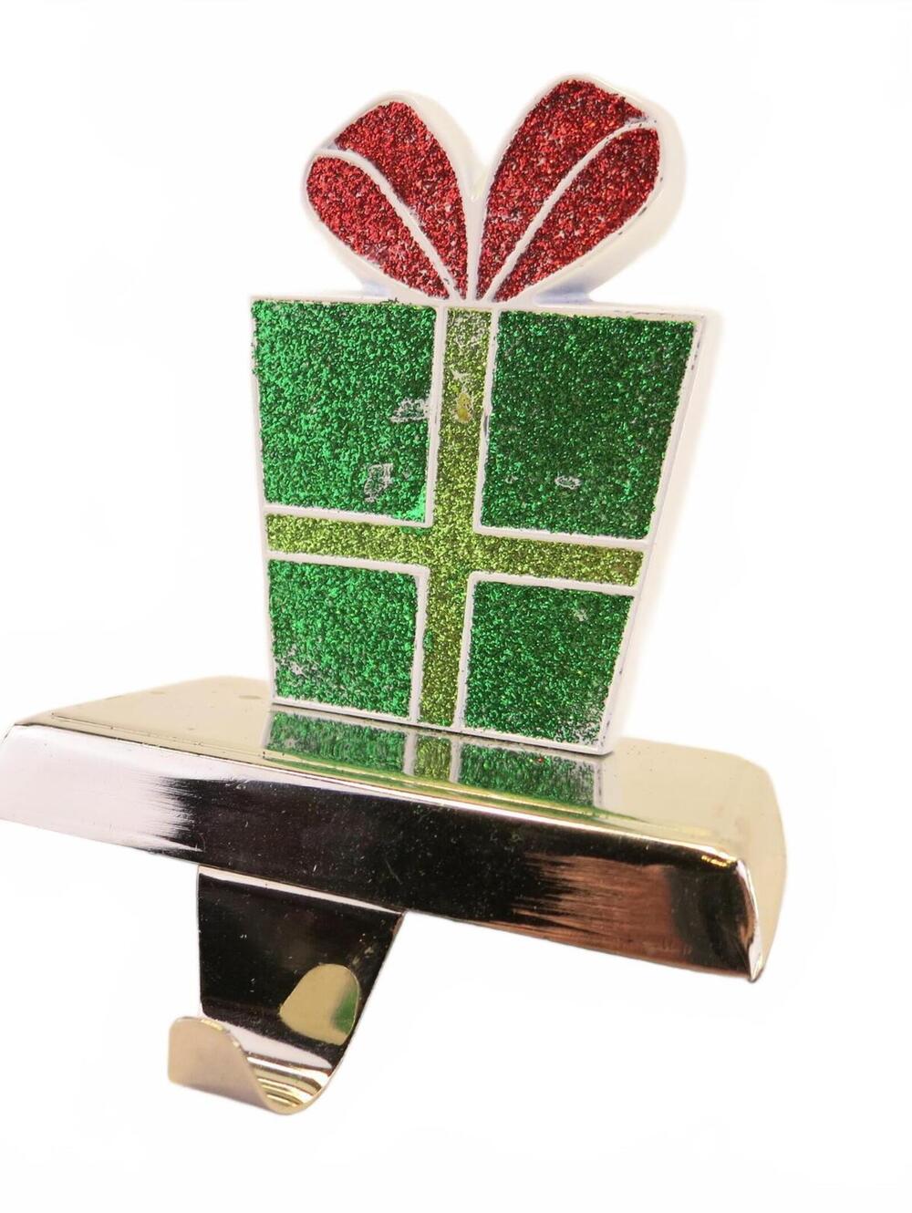 Enamel on Metal Glitter Green Gift Box Christmas Stocking Holder 5" tall Vintage